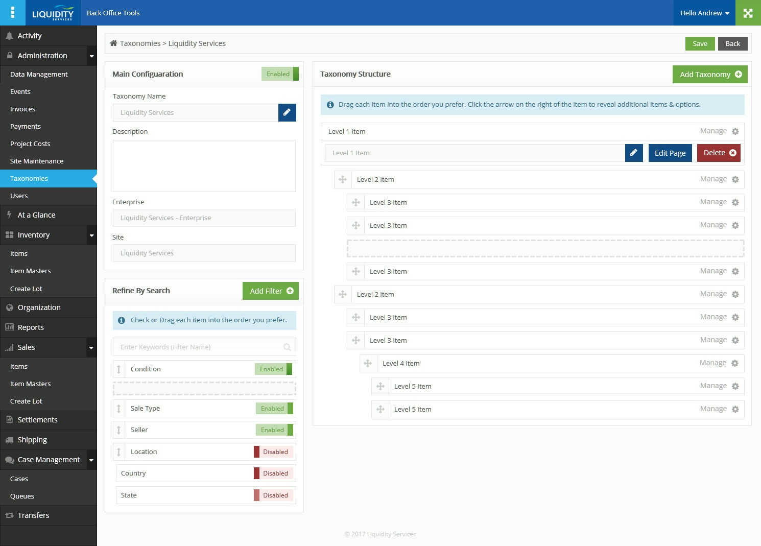 Screenshot of the back office tools for the Liquidity Services admin dashboard, showcasing the multi-marketplace functionality and taxonomies management capabilities for efficient administration and organization of the online marketplace.
