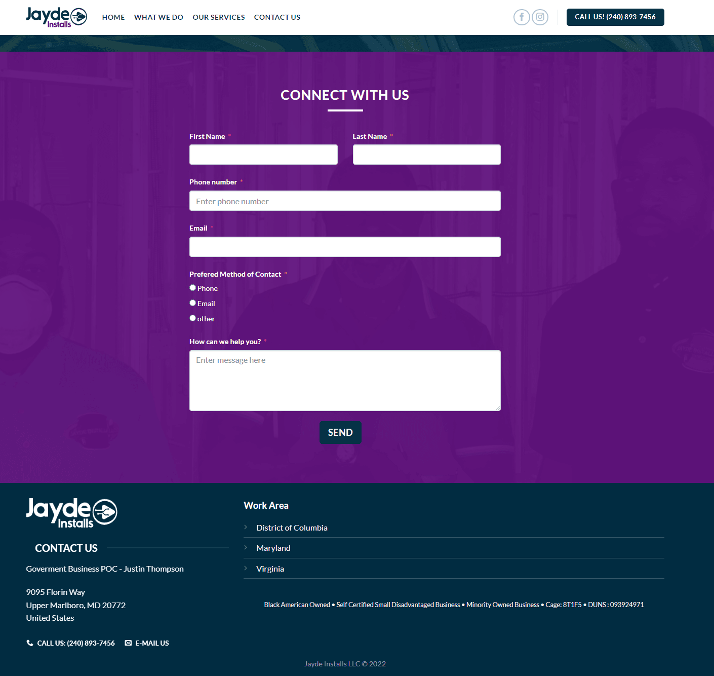 Footer with company details and locations of sercic