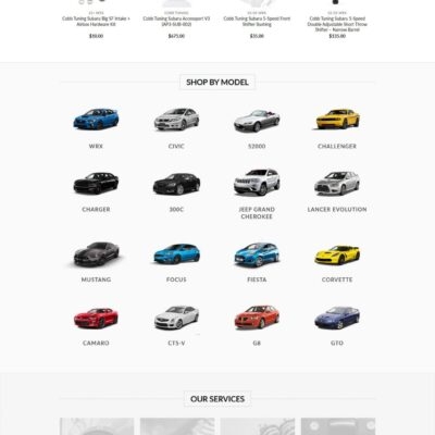 Homepage design for a car modification business, showcasing a detailed pricing structure, a variety of car models, and an array of offered services.