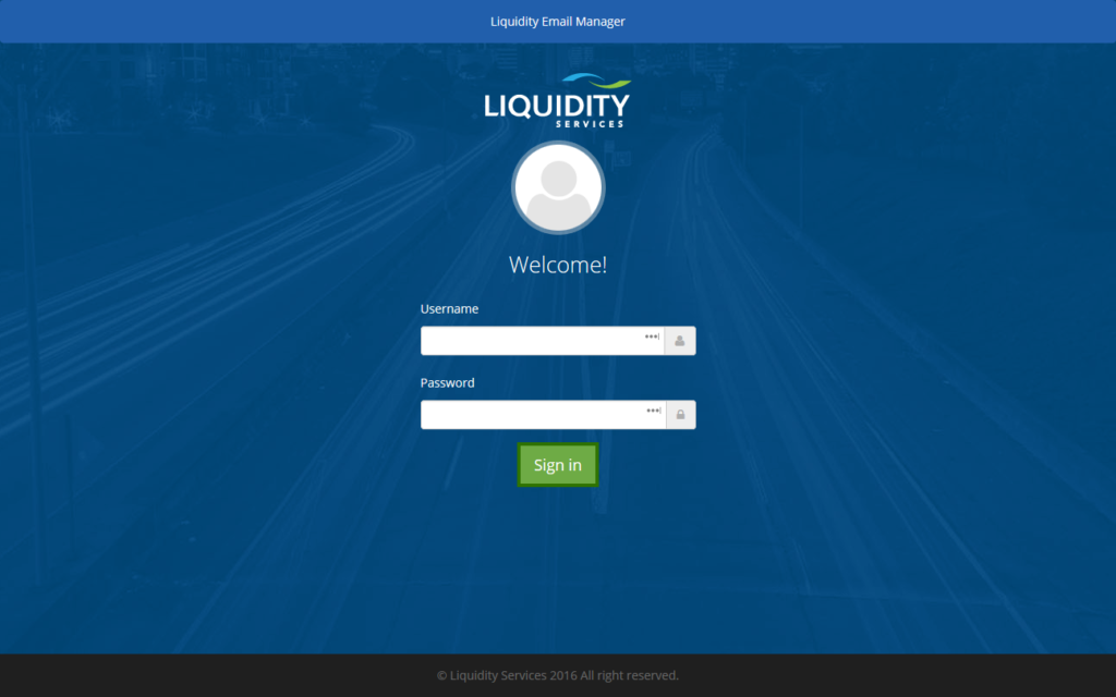 Login page of the Liquidity Services Email Manager, providing a secure gateway for authorized users to access and manage their email accounts within the Liquidity Services platform.