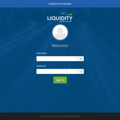 Login page of the Liquidity Services Email Manager, providing a secure gateway for authorized users to access and manage their email accounts within the Liquidity Services platform.
