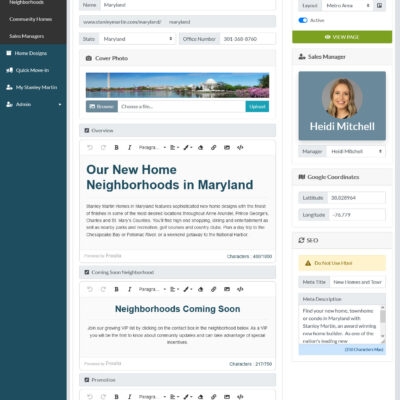 Admin interface for maintaining metro area content, enabling administrators to update and manage information related to metropolitan regions, ensuring accurate and up-to-date content for users.