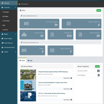 Homepage of the web admin panel for the homebuilder and corporate site maintenance, providing access to various administrative tools, settings, and features for managing and updating the website efficiently.