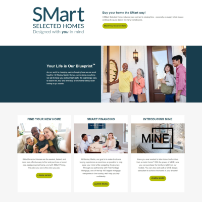 A full webpage design displaying various aspects of a homebuilding company, including details about their services across different states and career opportunities, featured prominently on the homepage.