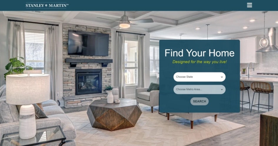 Front cover image of the corporate homepage, guiding the user in their journey to find a new home by location.
