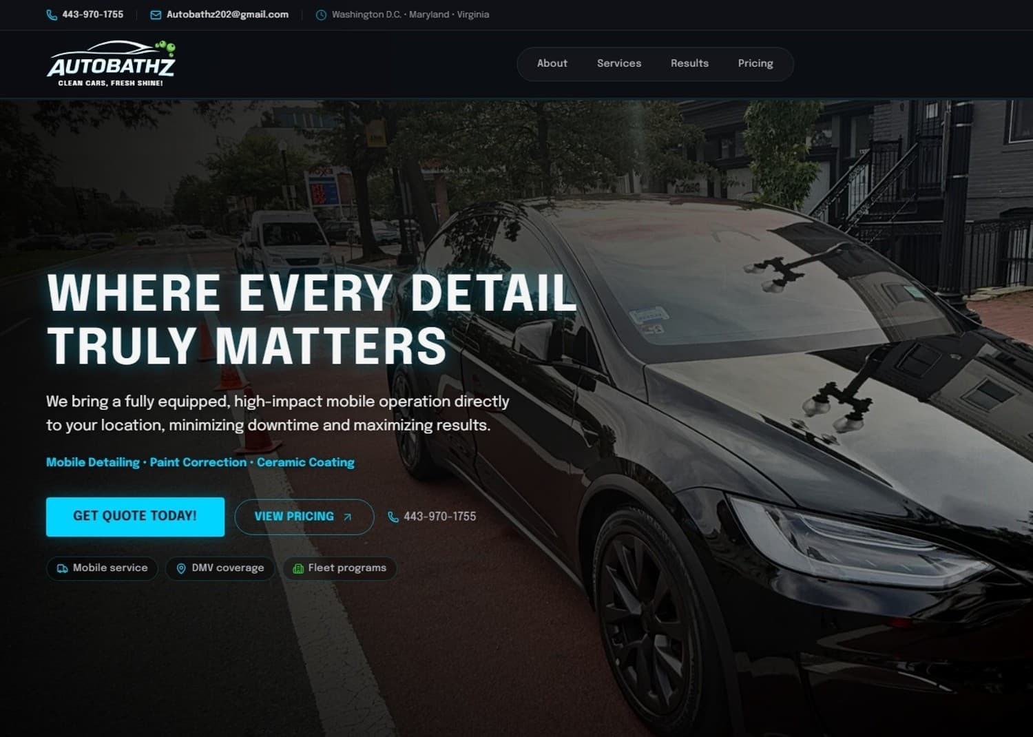 Autobathz homepage hero screenshot with headline, service list, Get Quote and View Pricing CTAs Autobathz homepage hero screenshot with headline, service list, Get Quote and View Pricing CTAs