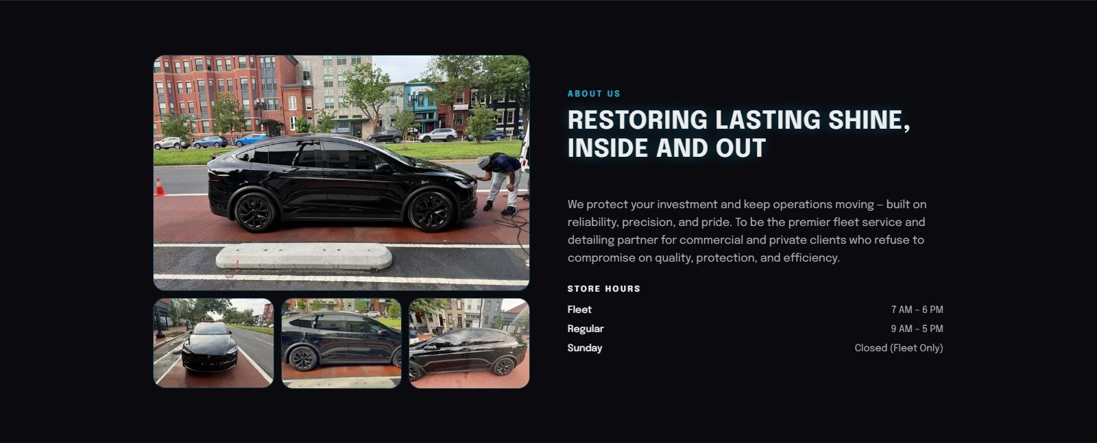 Autobathz About section — Restoring Lasting Shine with store hours and Maryland Detail Academy certification