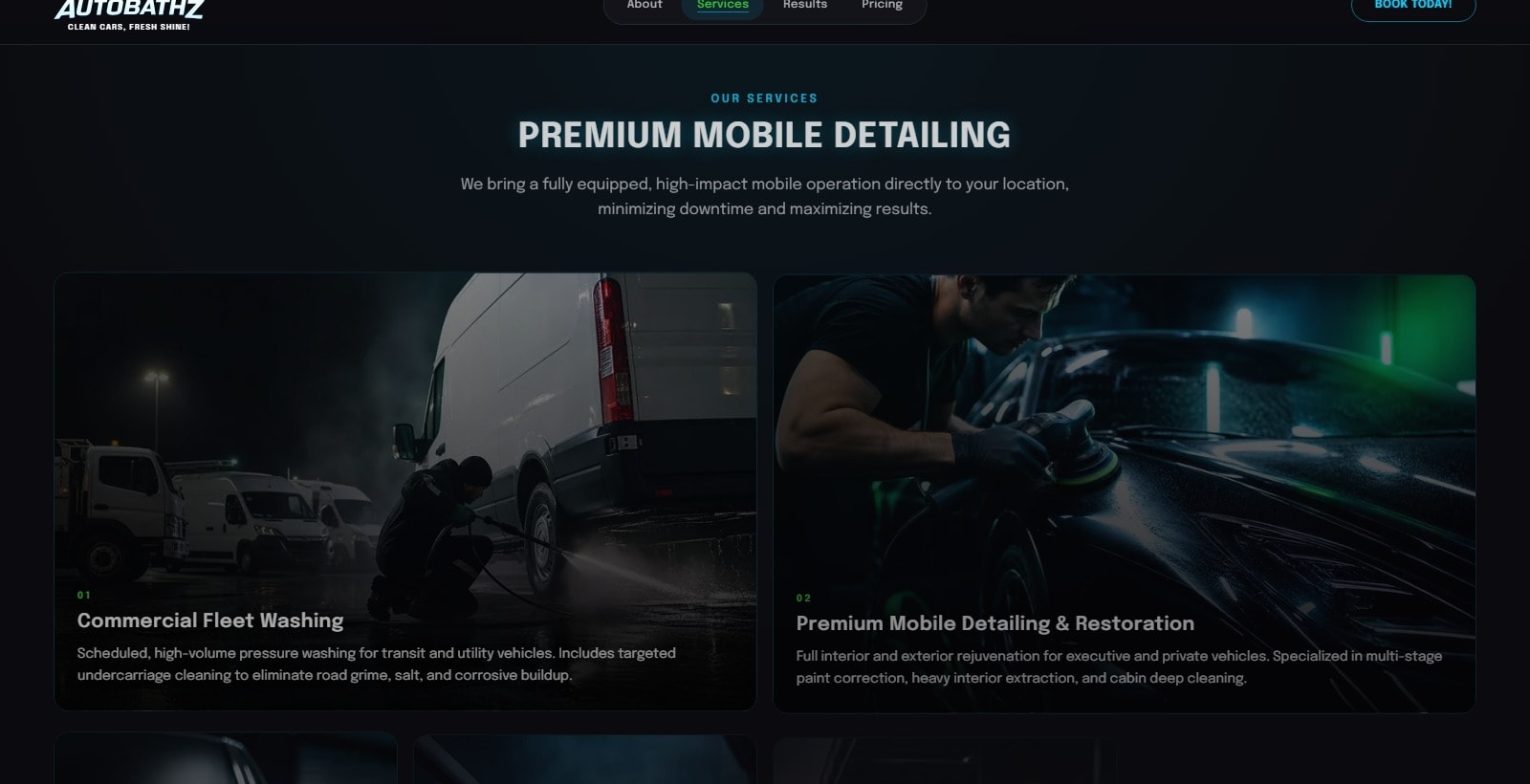 Autobathz services section grid with fleet washing, mobile detailing, PPF, sanitization, and more