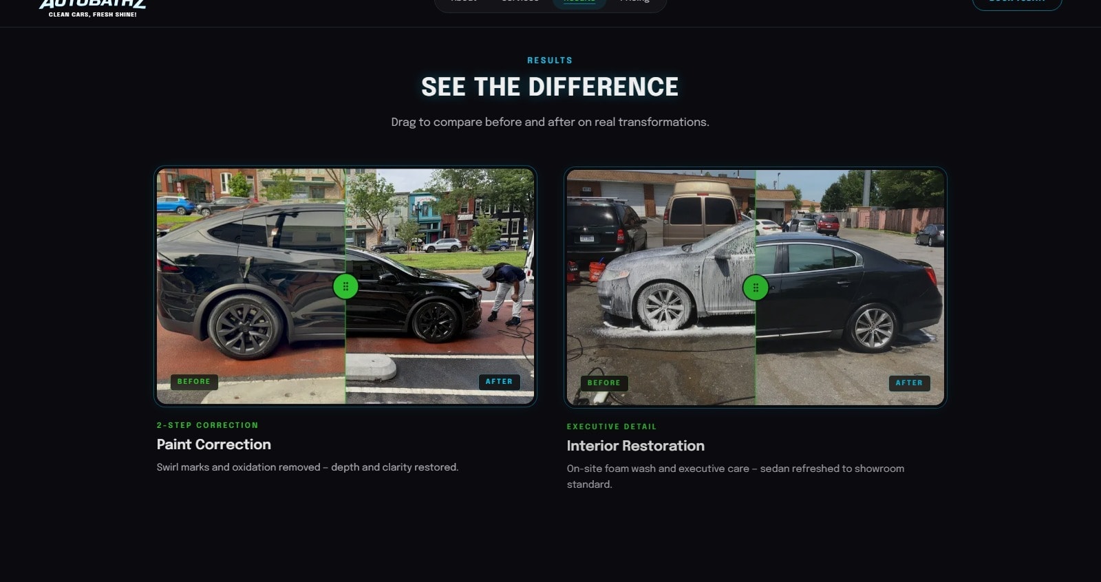 Autobathz Results gallery with draggable before/after comparison sliders for paint correction