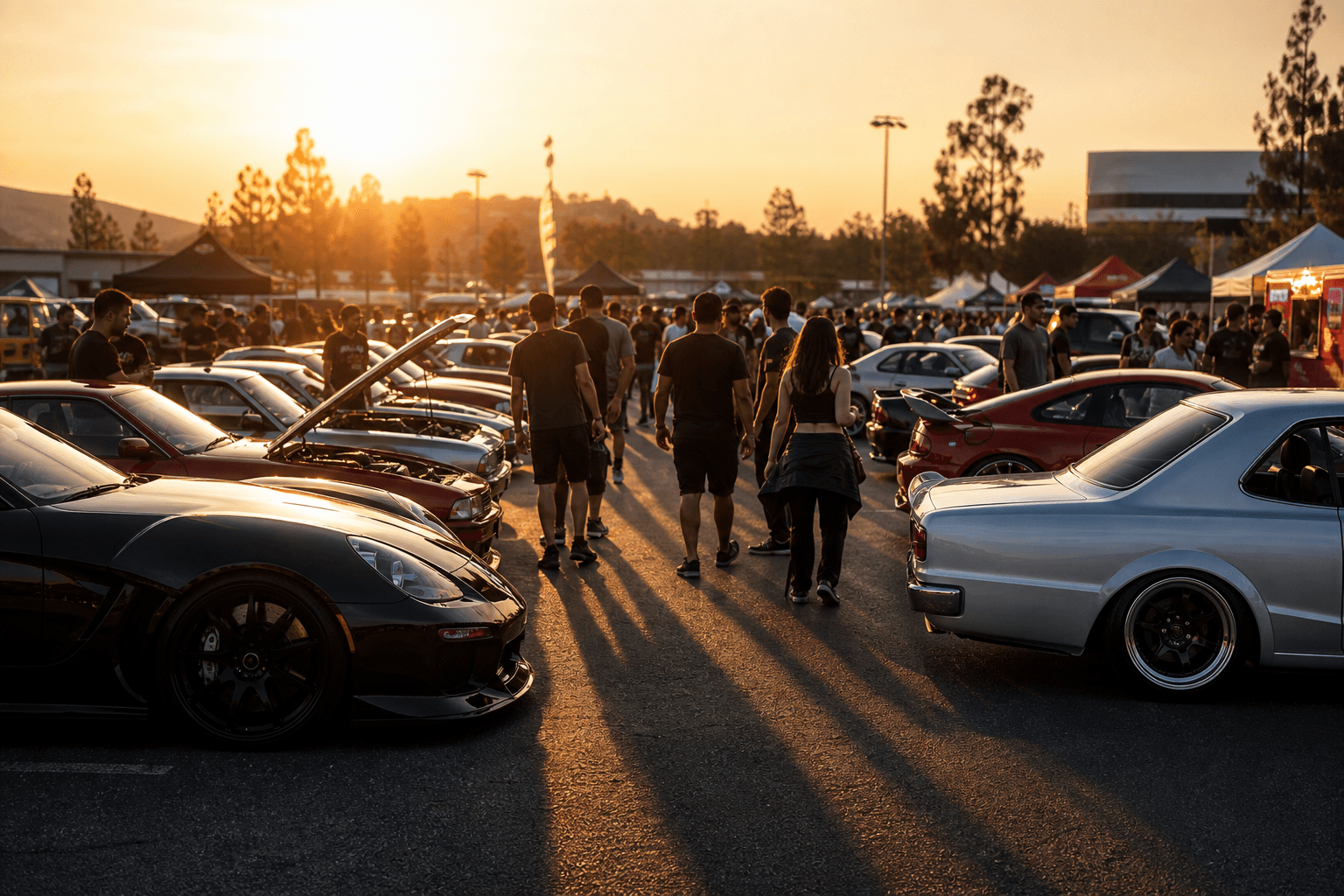 Automotive enthusiasts gathered at a golden-hour car meet, capturing the community mission behind Carflixer Automotive enthusiasts gathered at a golden-hour car meet, capturing the community mission behind Carflixer