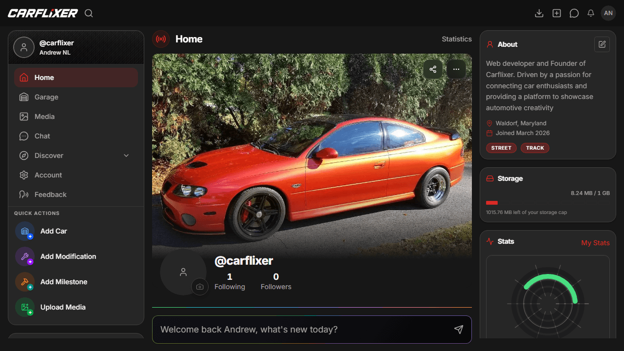 Carflixer signed-in Dashboard Home with feed, navigation, and account widgets Carflixer signed-in Dashboard Home with feed, navigation, and account widgets