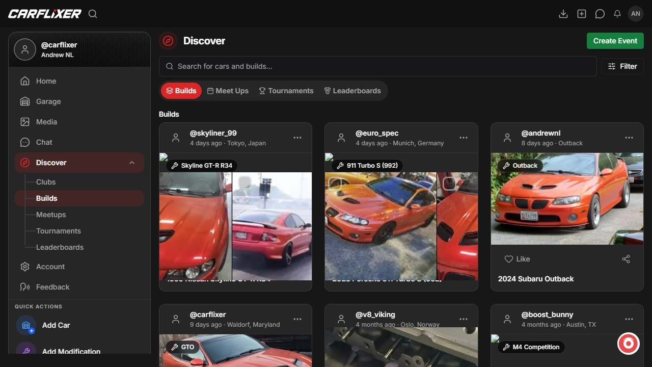 Signed-in Discover builds feed with search, filters, and community build cards.