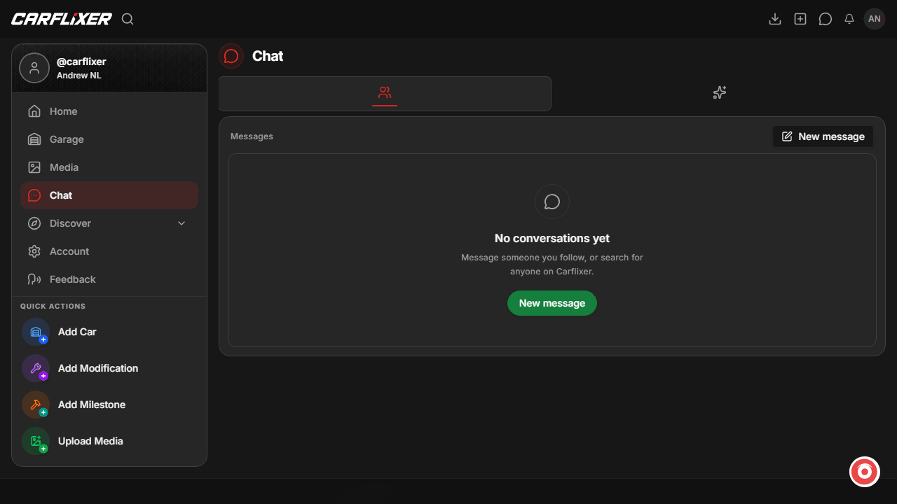Dashboard chat inbox for messaging followers and starting conversations.