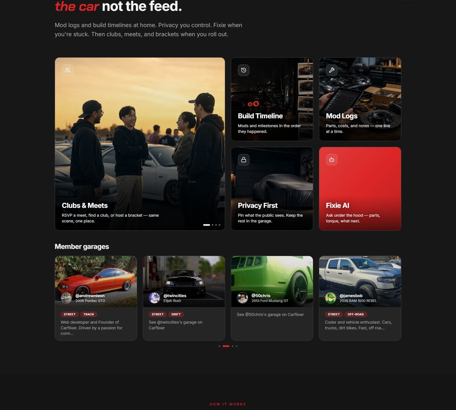 Carflixer homepage features: Built around the car not the feed, Clubs & Meets, and member garages.
