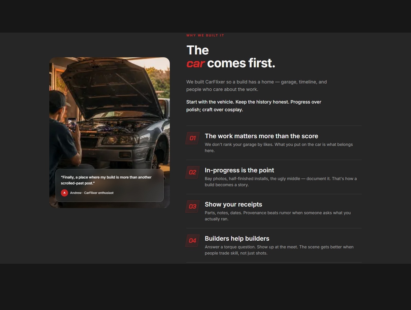 Carflixer Why we built it — The car comes first, with values on craft, in-progress builds, receipts, and builders helping builders.