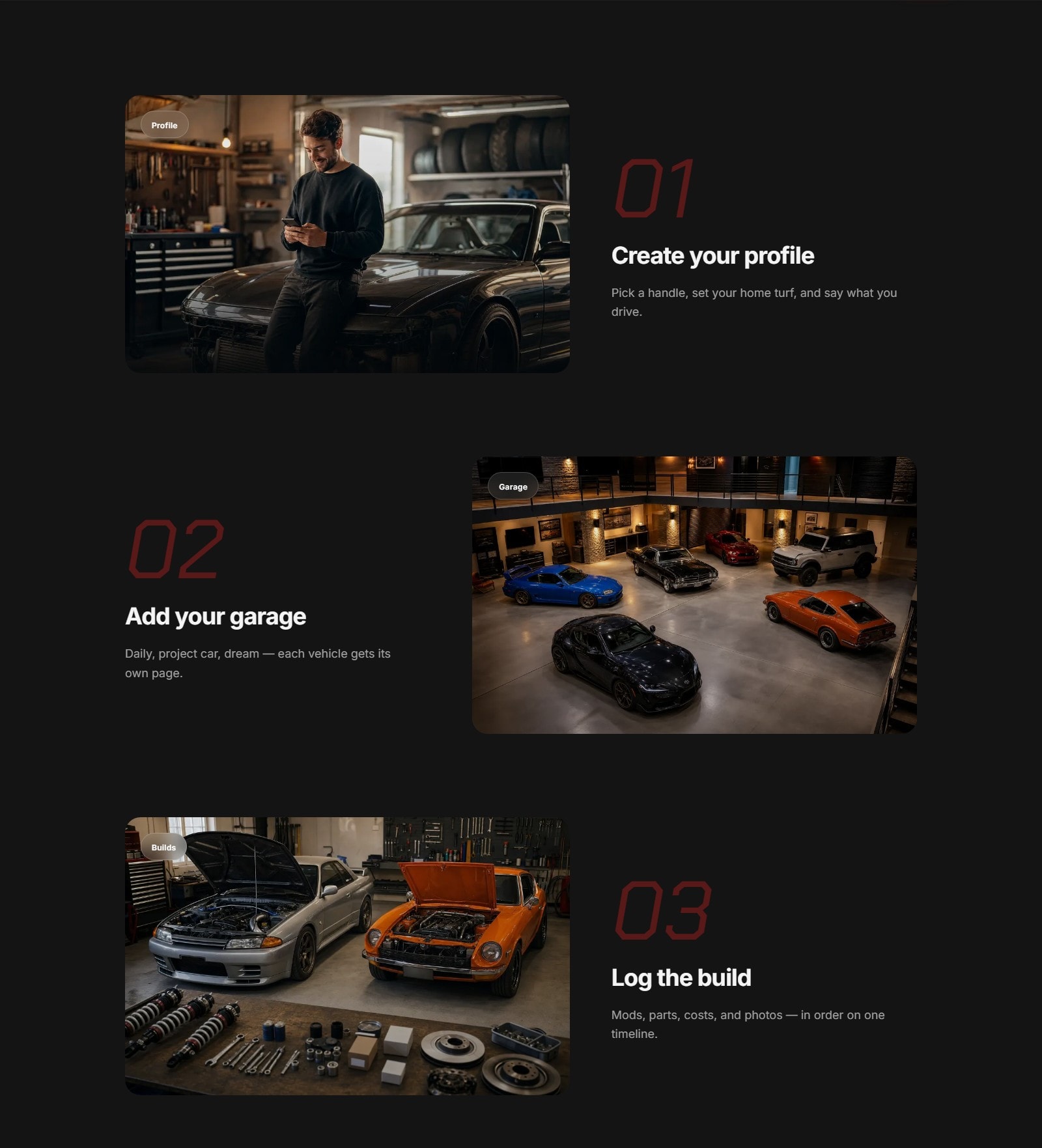 Carflixer how-it-works steps from profile and garage to builds and community.