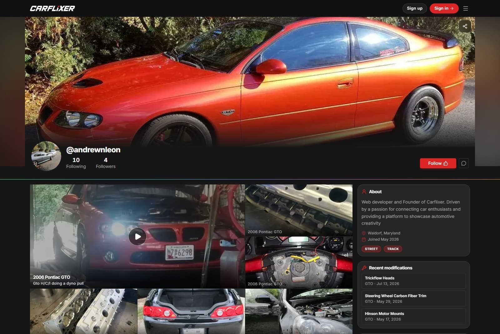Public Carflixer profile for @andrewnleon with site header, Pontiac GTO hero, follow CTA, media grid, and about panel Public Carflixer profile for @andrewnleon with site header, Pontiac GTO hero, follow CTA, media grid, and about panel