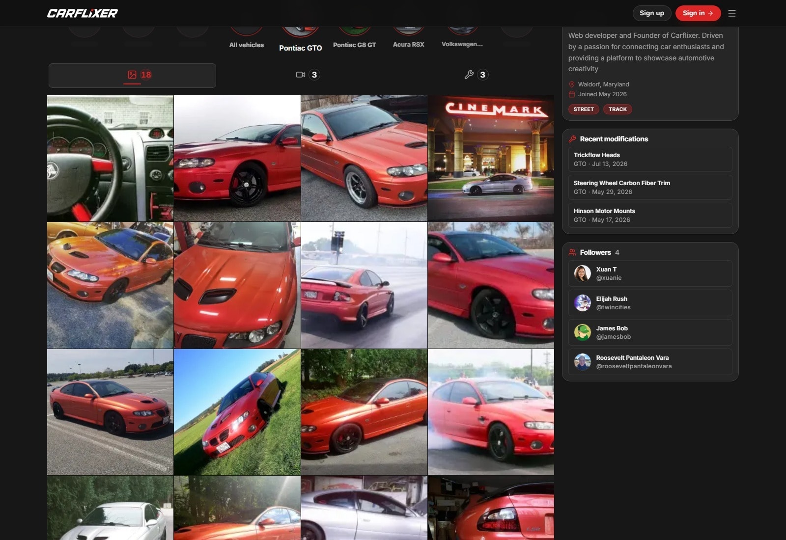 Public profile media gallery showing build photos, videos, and captions.