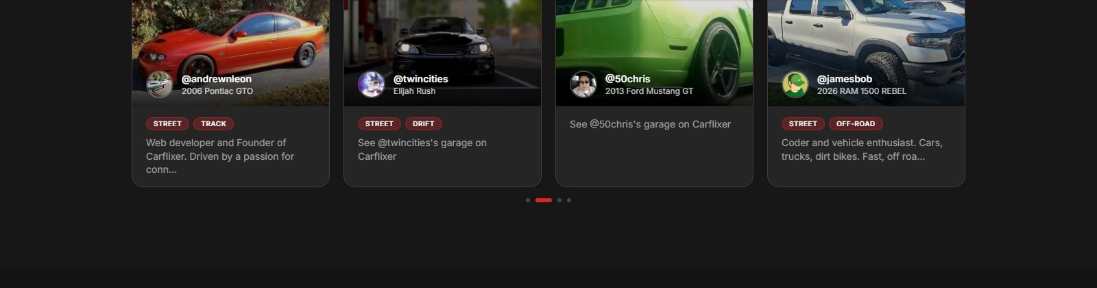 Carflixer member garage cards showcasing public profiles, vehicles, and street/track tags.