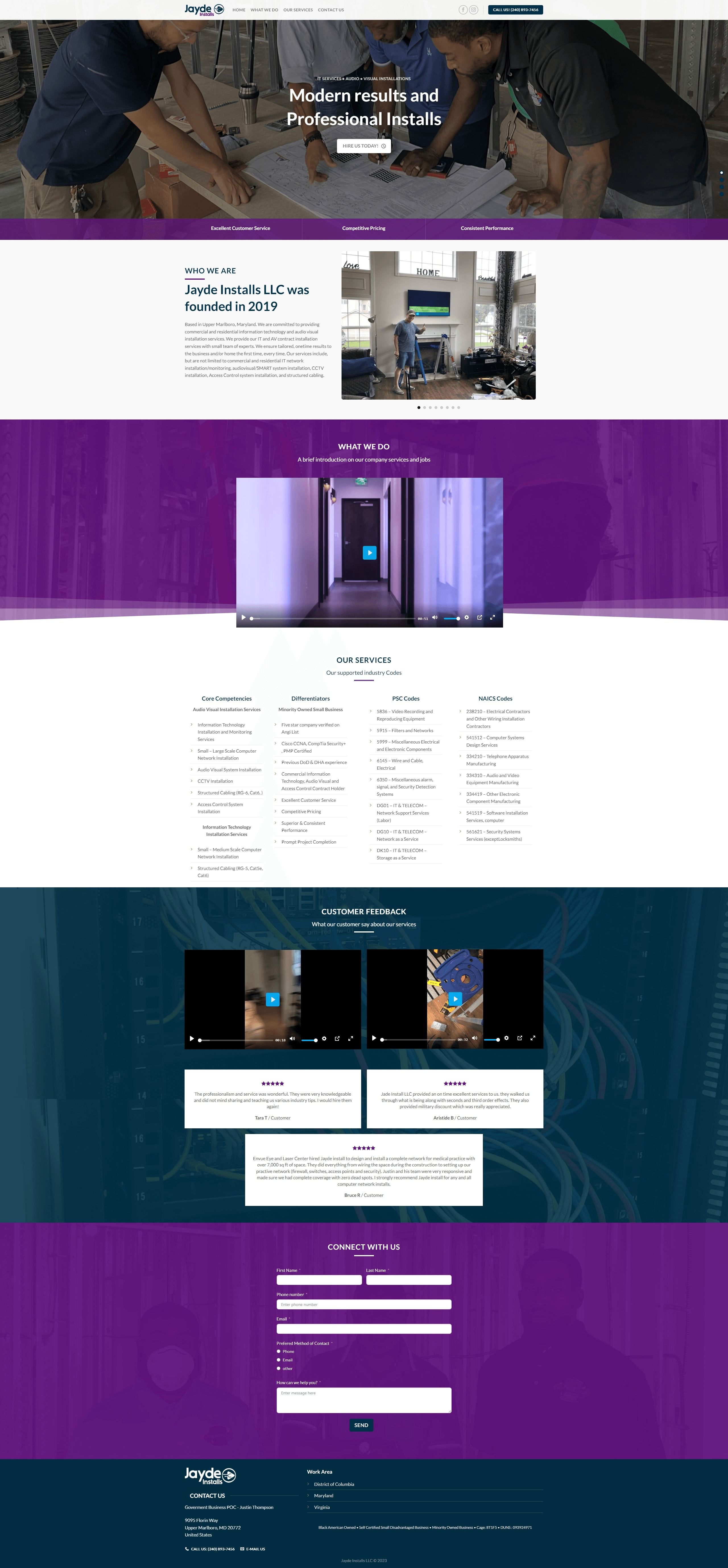 In designing the one-page layout for an IT and AV installation company, I, as a senior front-end developer, encapsulated our digital prowess and service spectrum. The layout, marked by an intuitive logo and seamless navigation, unfolds into a hero section that underscores our value proposition, followed by concise descriptions of services and qualifications.
