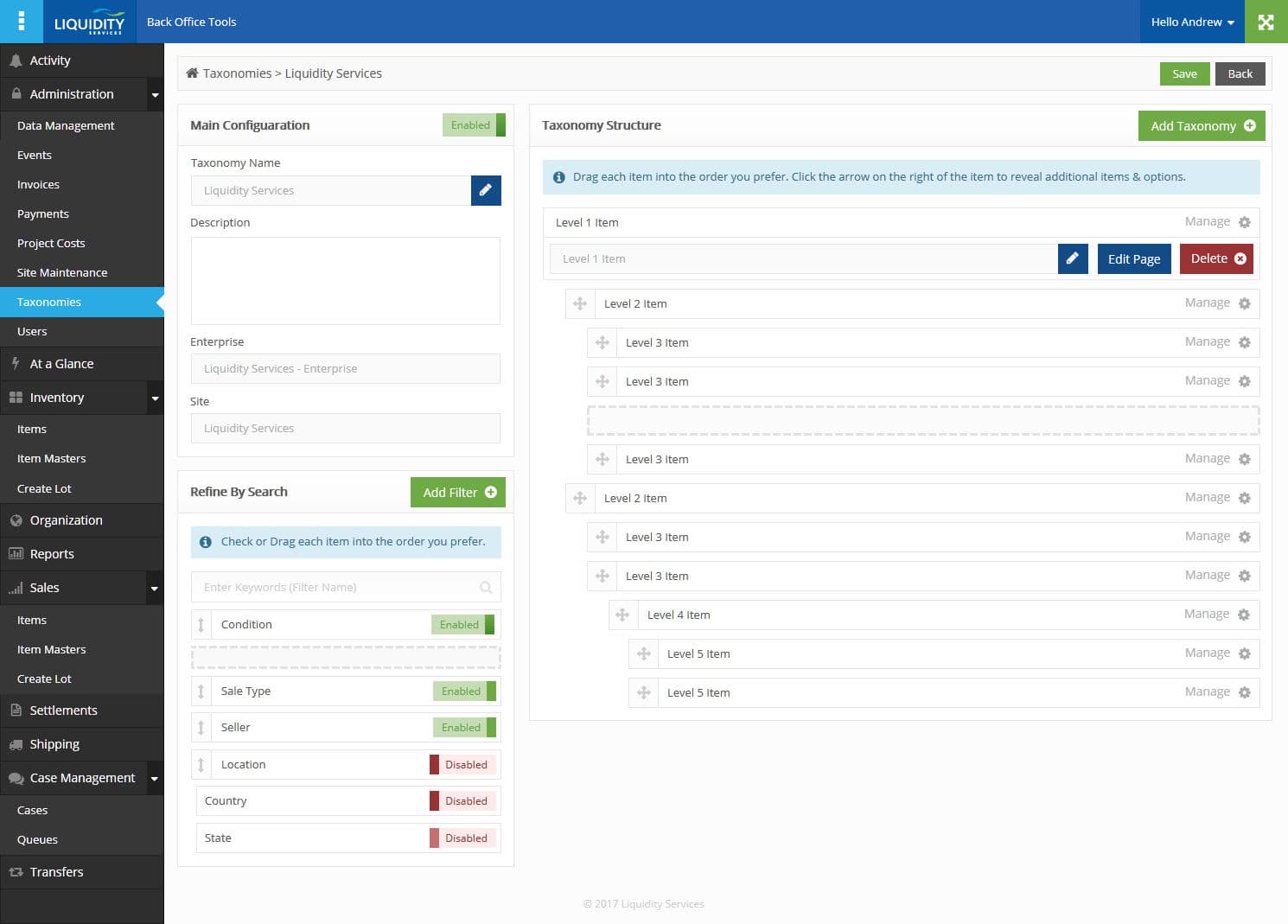 Screenshot of the back office tools for the Liquidity Services admin dashboard, showcasing the multi-marketplace functionality and taxonomies management capabilities for efficient administration and organization of the online marketplace. Screenshot of the back office tools for the Liquidity Services admin dashboard, showcasing the multi-marketplace functionality and taxonomies management capabilities for efficient administration and organization of the online marketplace.